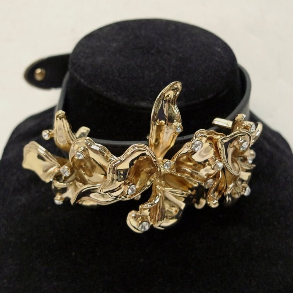 VERSACE for H&M Leather Choker with Flowers And Rhinestones Gold Black